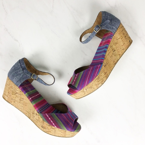 Toms Shoes - Toms Denim Stripe D'Orsay Cork Platform Wedge 8